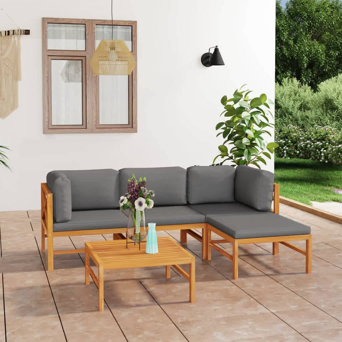 5-tlg. Garten-Lounge-Set mit Grauen Kissen Massivholz Teak