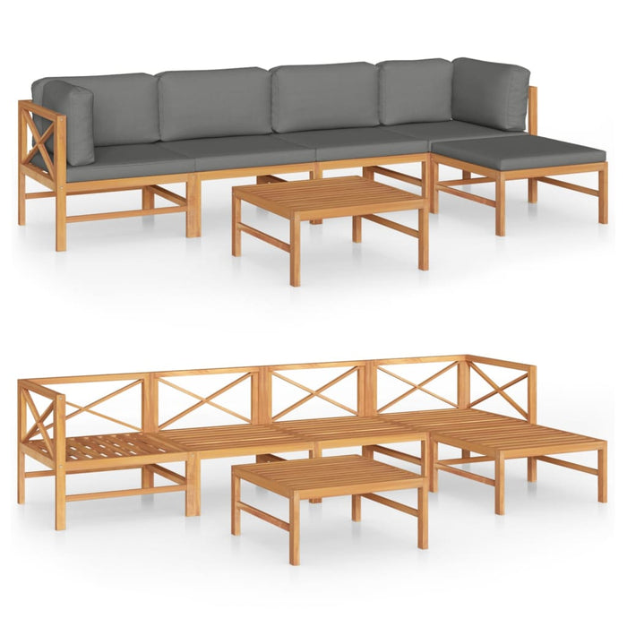 6-tlg. Garten-Lounge-Set mit Grauen Kissen Massivholz Teak
