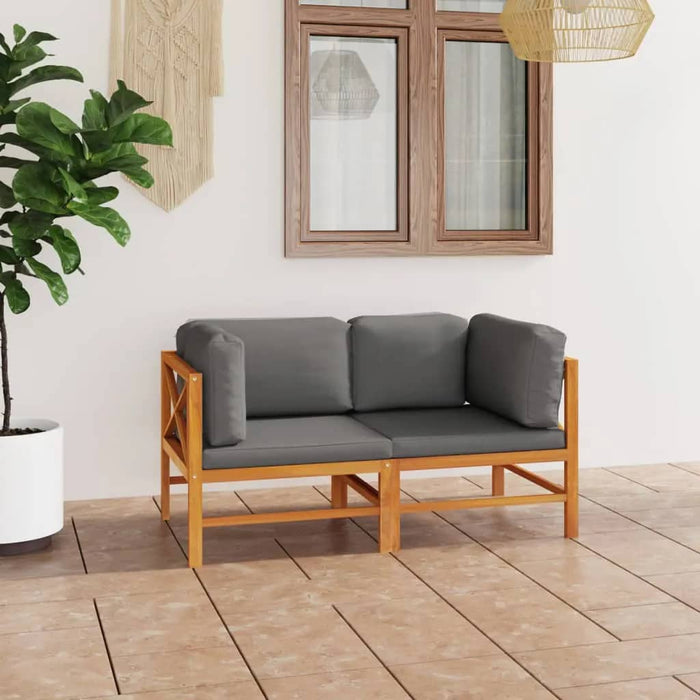 2-Sitzer-Gartensofa mit Grauen Kissen Massivholz Teak