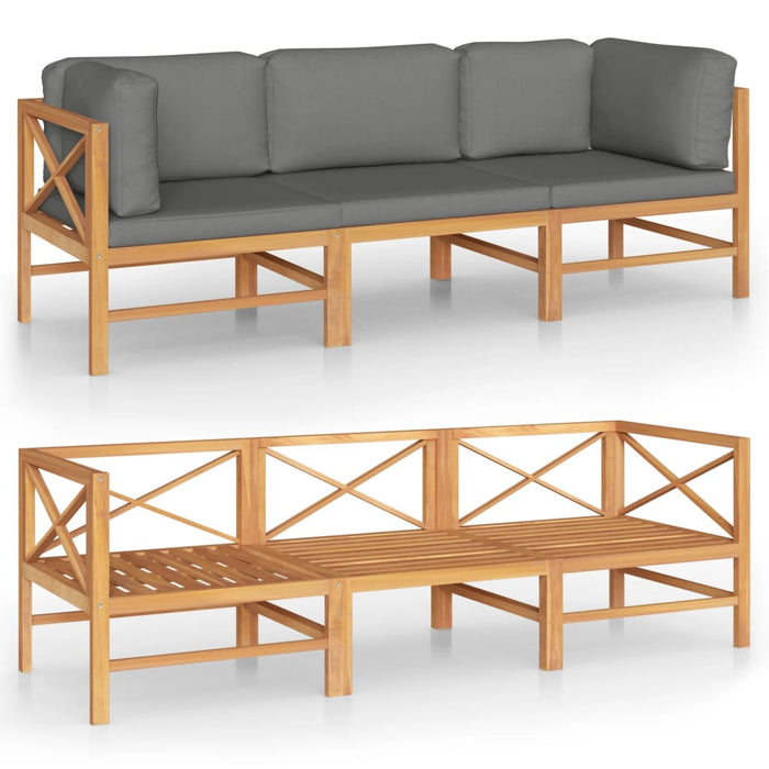 3-Sitzer-Gartensofa mit Grauen Kissen Massivholz Teak