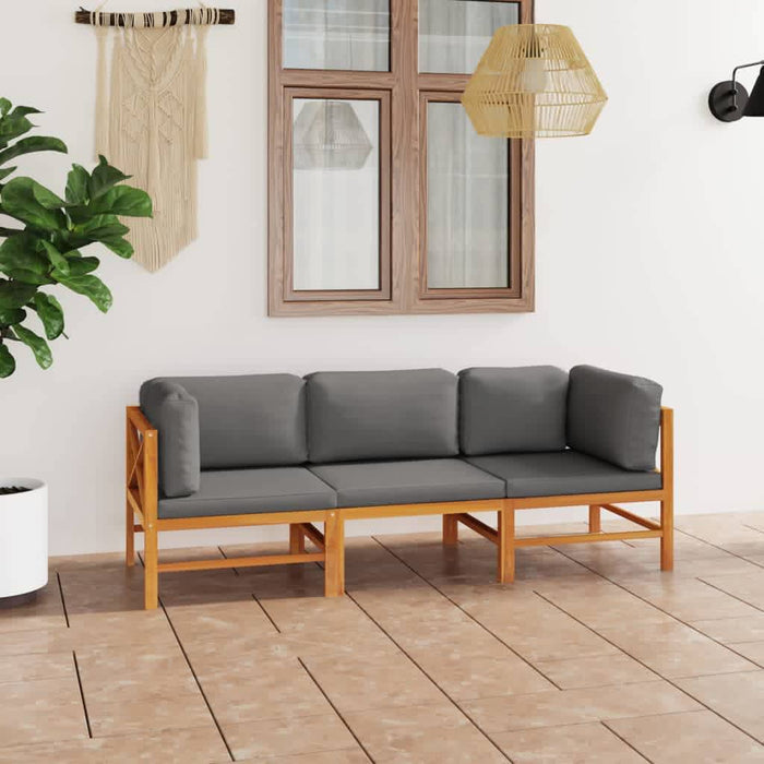 3-Sitzer-Gartensofa mit Grauen Kissen Massivholz Teak