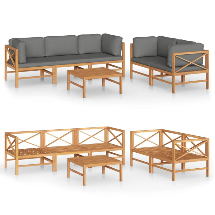 6-tlg. Garten-Lounge-Set mit Grauen Kissen Massivholz Teak