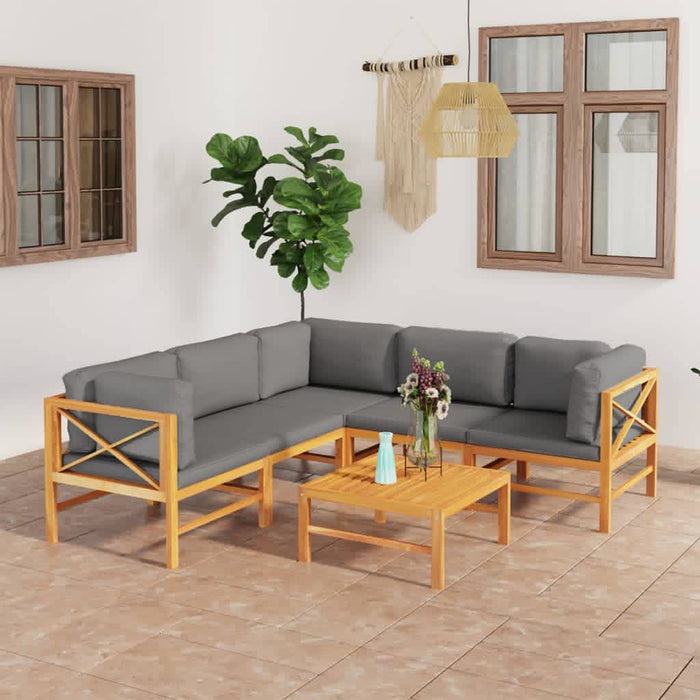 6-tlg. Garten-Lounge-Set mit Grauen Kissen Massivholz Teak