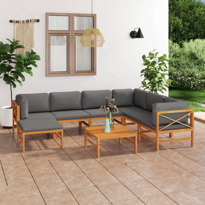8-tlg. Garten-Lounge-Set mit Grauen Kissen Massivholz Teak