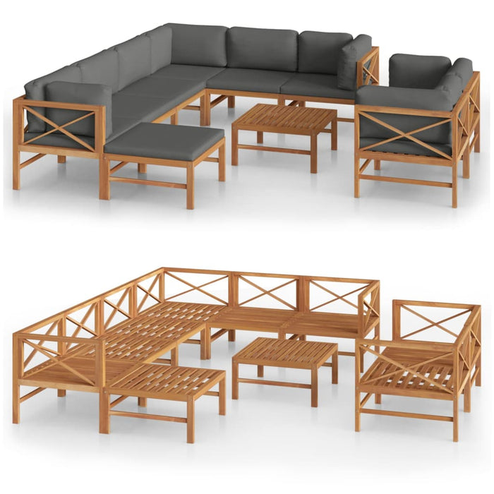 10 pcs. Garden Lounge Set with Gray Cushions Solid Teak Wood