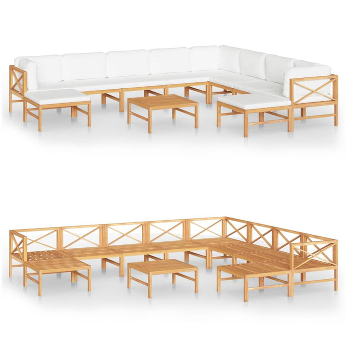 11-tlg. Garten-Lounge-Set mit Creme Kissen Massivholz Teak