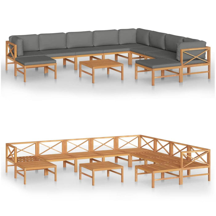 11-tlg. Garten-Lounge-Set mit Grauen Kissen Massivholz Teak