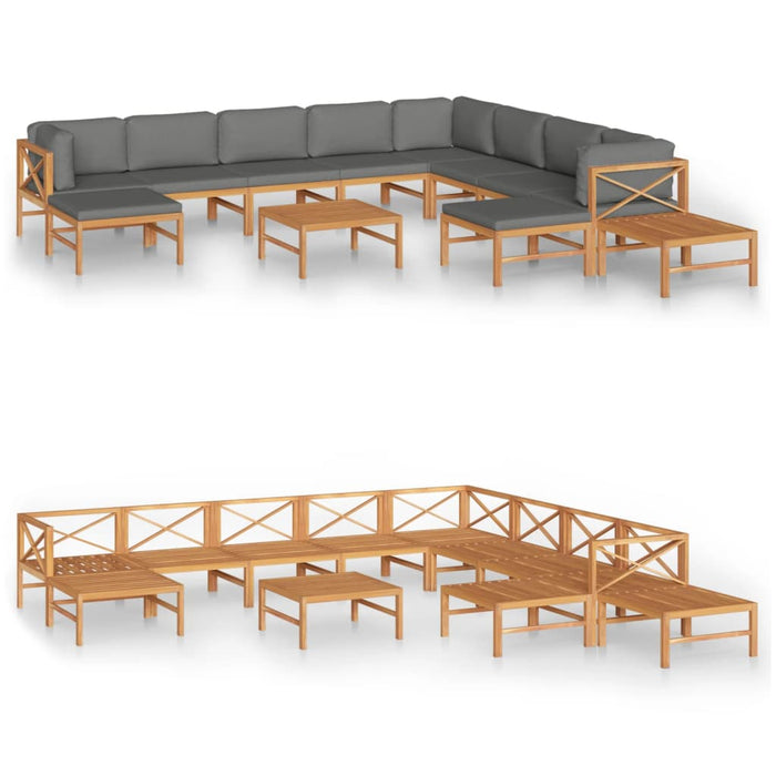 12-tlg. Garten-Lounge-Set mit Grauen Kissen Massivholz Teak