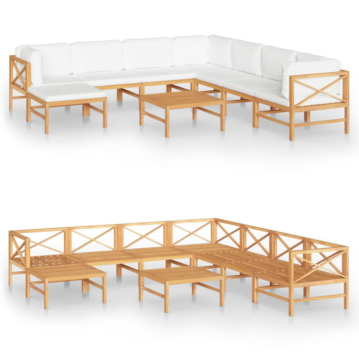 9-tlg. Garten-Lounge-Set mit Creme Kissen Massivholz Teak