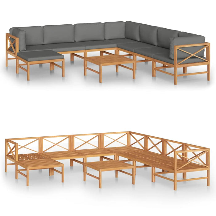 9-tlg. Garten-Lounge-Set mit Grauen Kissen Massivholz Teak