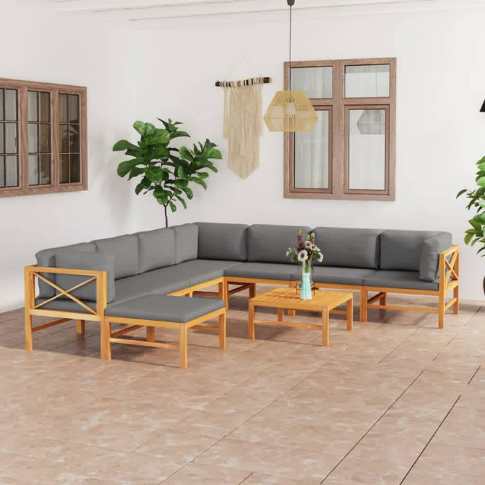 9-tlg. Garten-Lounge-Set mit Grauen Kissen Massivholz Teak