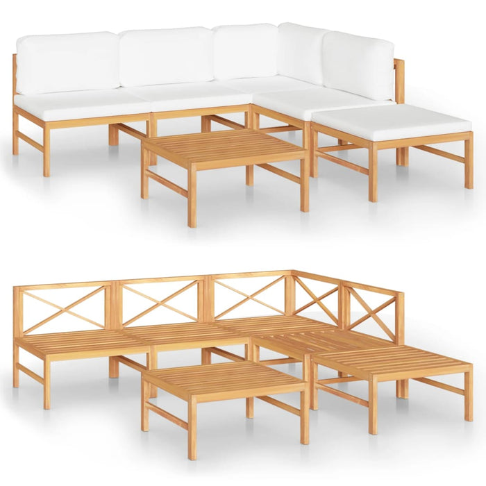 6-tlg. Garten-Lounge-Set mit Creme Kissen Massivholz Teak