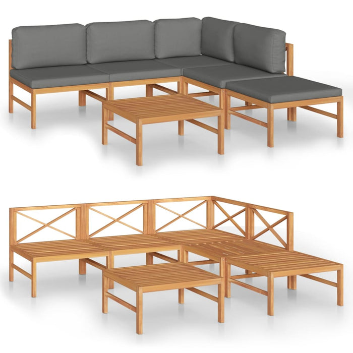 6-tlg. Garten-Lounge-Set mit Grauen Kissen Massivholz Teak