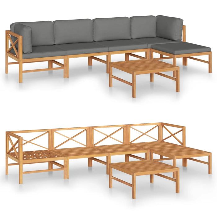 6-tlg. Garten-Lounge-Set mit Grauen Kissen Massivholz Teak