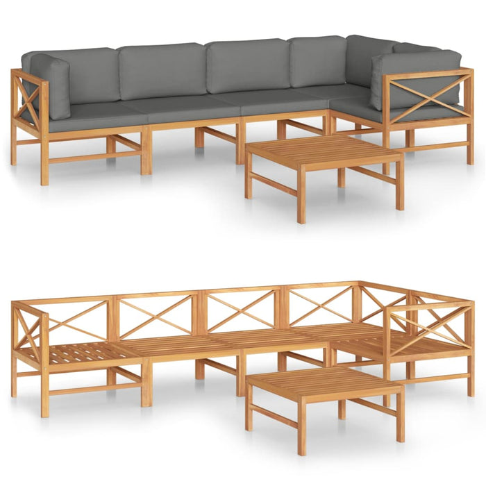 6-tlg. Garten-Lounge-Set mit Grauen Kissen Massivholz Teak