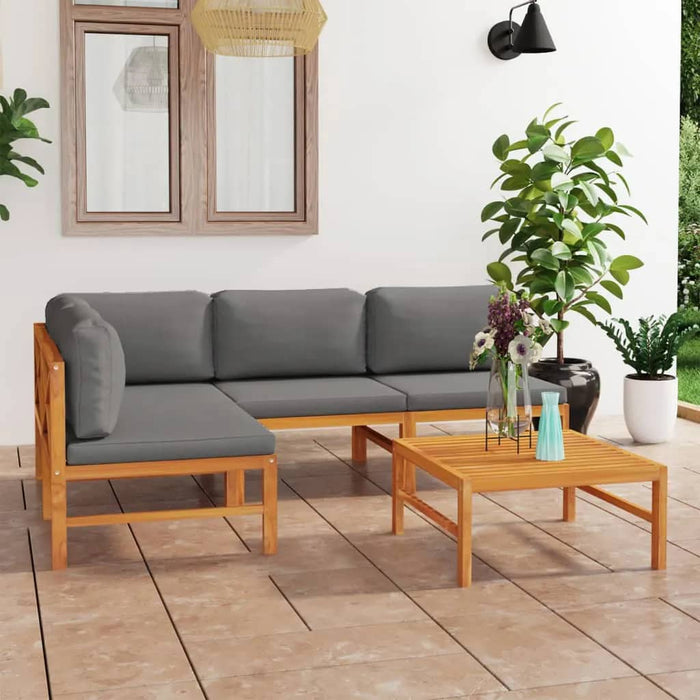 5-tlg. Garten-Lounge-Set mit Grauen Kissen Massivholz Teak