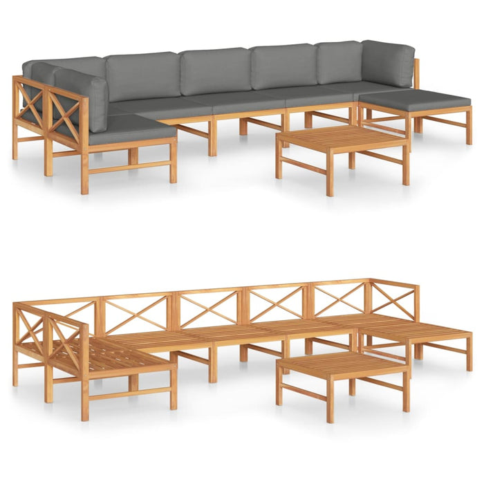8-tlg. Garten-Lounge-Set mit Grauen Kissen Massivholz Teak