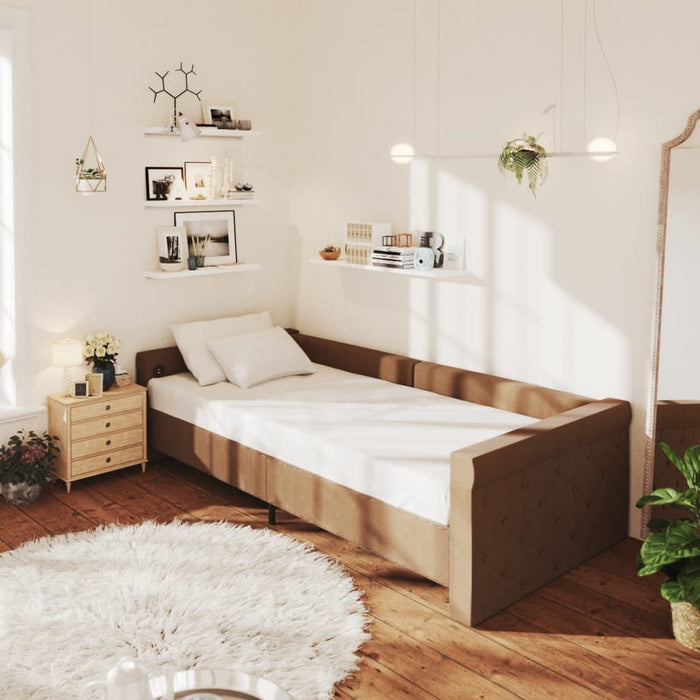 Tagesbett mit Matratze USB Braun Stoff 90x200 cm