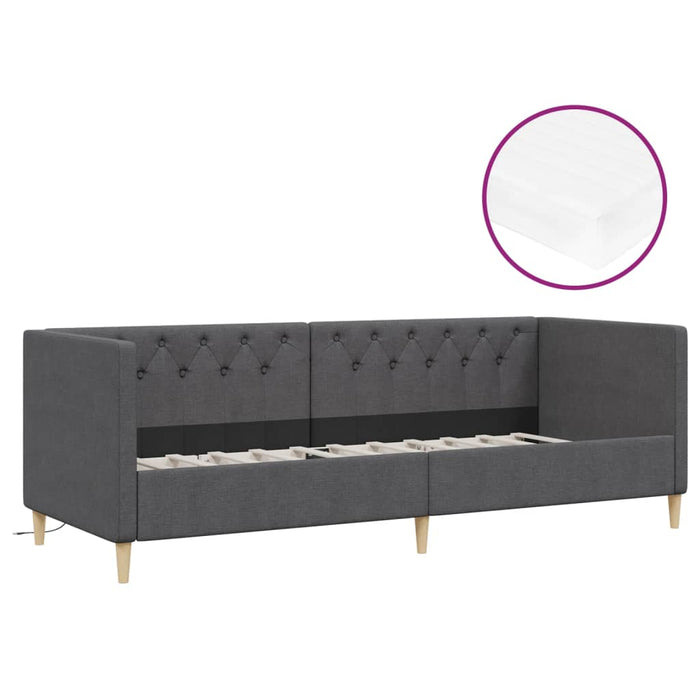 Tagesbett mit Matratze USB Dunkelgrau Stoff 90x200 cm