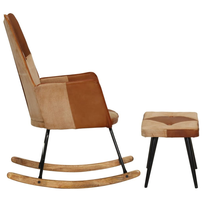 Schaukelstuhl mit Hocker Braun Echtleder und Canvas