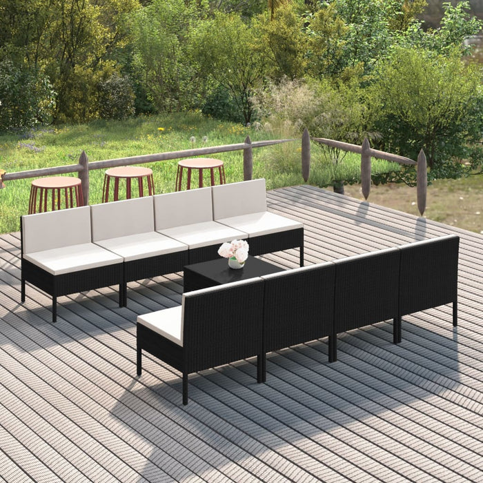 9-tlg. Garten-Lounge-Set mit Auflagen Poly Rattan Schwarz