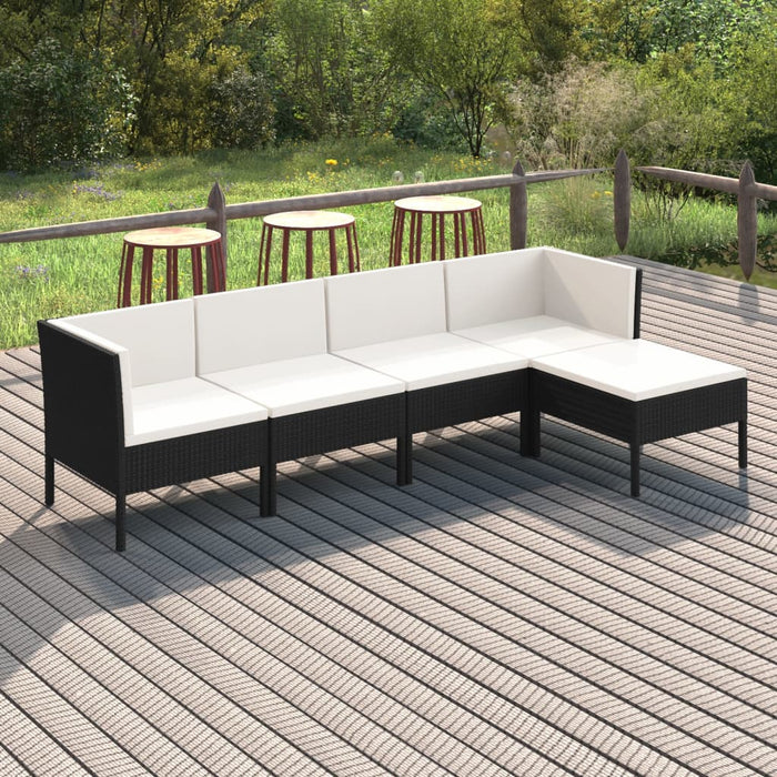 5-tlg. Garten-Lounge-Set mit Auflagen Poly Rattan Schwarz