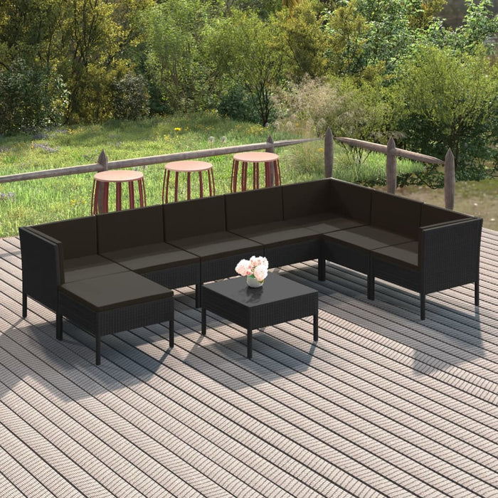 9-tlg. Garten-Lounge-Set mit Auflagen Poly Rattan Schwarz