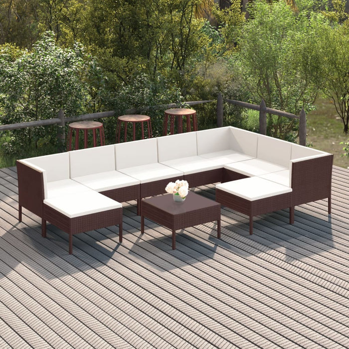 10 pcs. Garden lounge set with cushions poly rattan brown