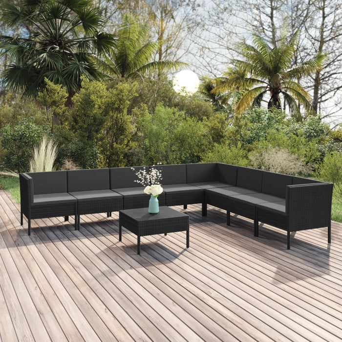9-tlg. Garten-Lounge-Set mit Auflagen Poly Rattan Schwarz