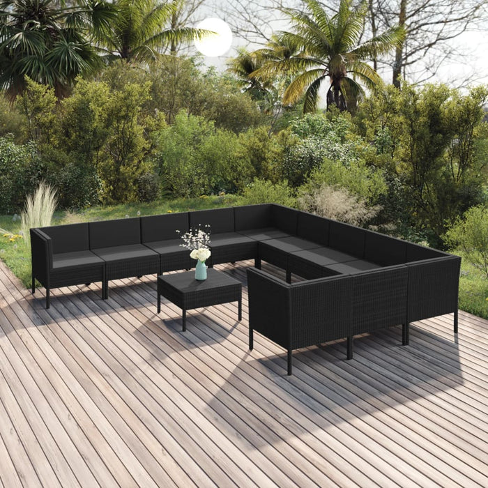 12-tlg. Garten-Lounge-Set mit Auflagen Poly Rattan Schwarz