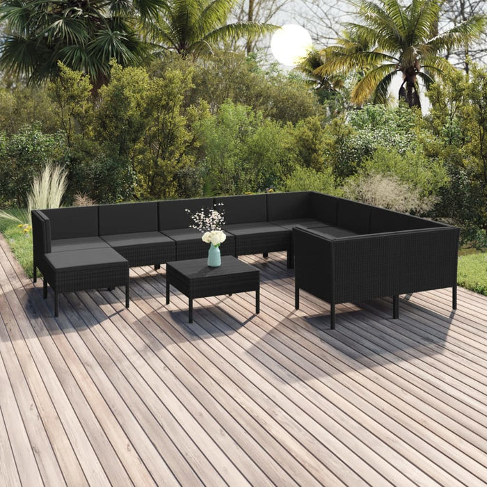 11-tlg. Garten-Lounge-Set mit Auflagen Poly Rattan Schwarz