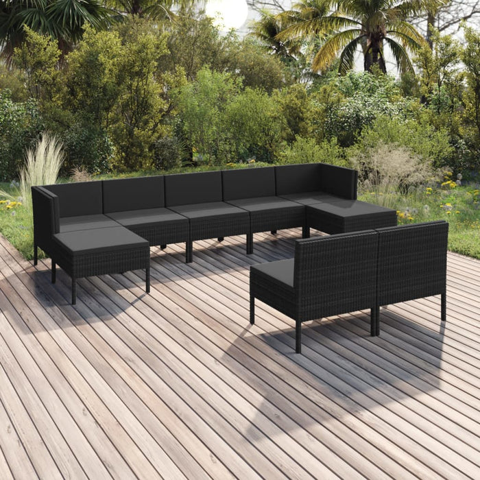 9-tlg. Garten-Lounge-Set mit Auflagen Poly Rattan Schwarz