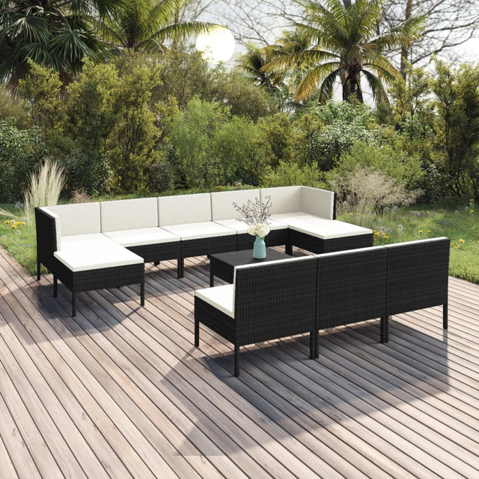 11-tlg. Garten-Lounge-Set mit Auflagen Poly Rattan Schwarz