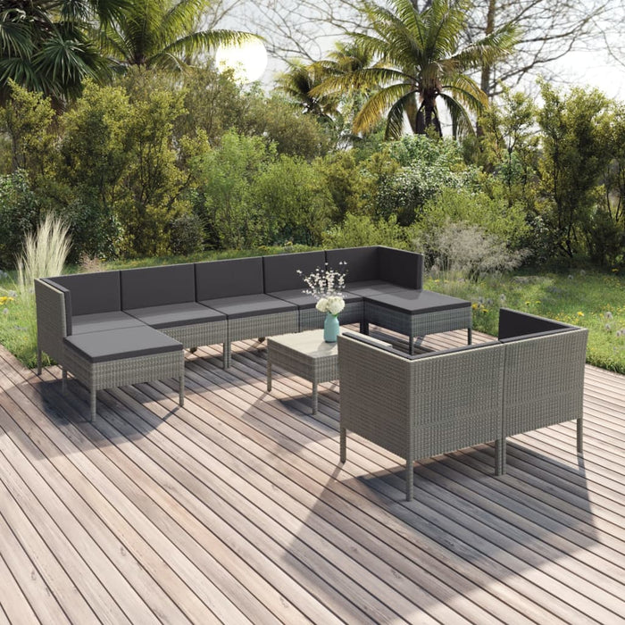 10 pcs. Garden lounge set with cushions poly rattan gray