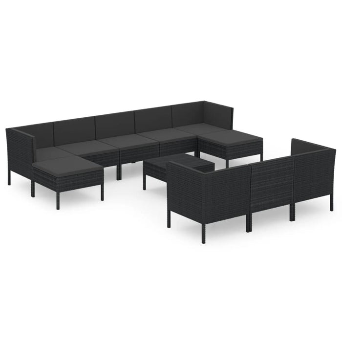 11-tlg. Garten-Lounge-Set mit Auflagen Poly Rattan Schwarz