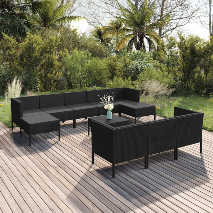 11-tlg. Garten-Lounge-Set mit Auflagen Poly Rattan Schwarz
