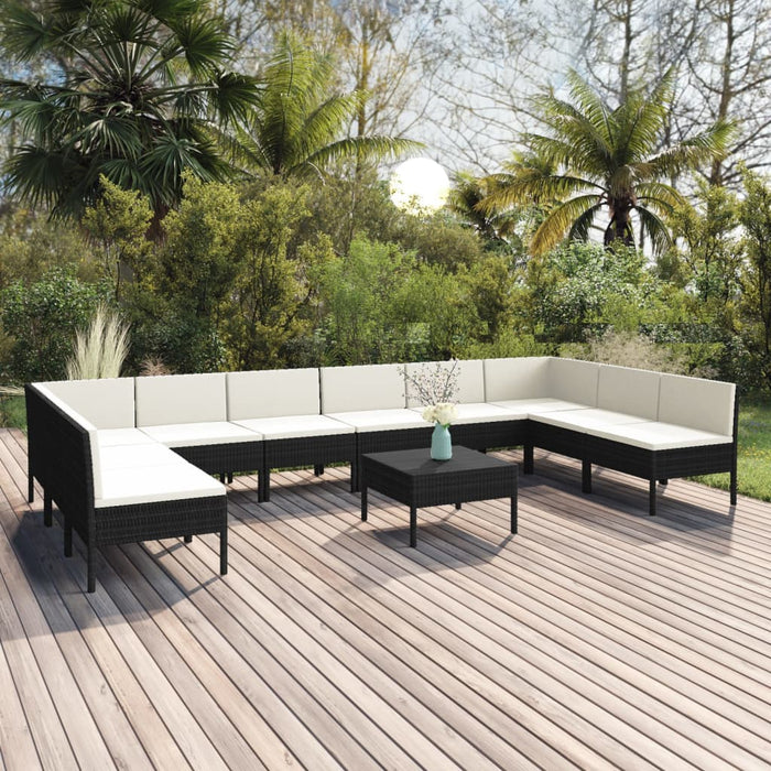 11-tlg. Garten-Lounge-Set mit Auflagen Poly Rattan Schwarz