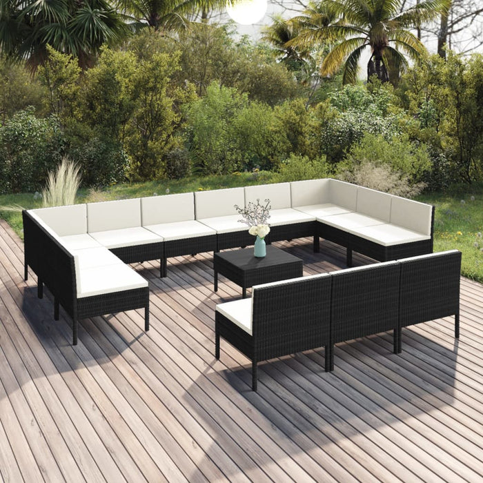 14-tlg. Garten-Lounge-Set mit Auflagen Poly Rattan Schwarz