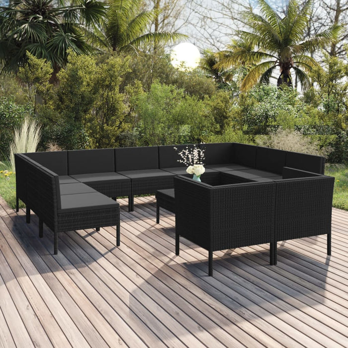 12-tlg. Garten-Lounge-Set mit Auflagen Poly Rattan Schwarz