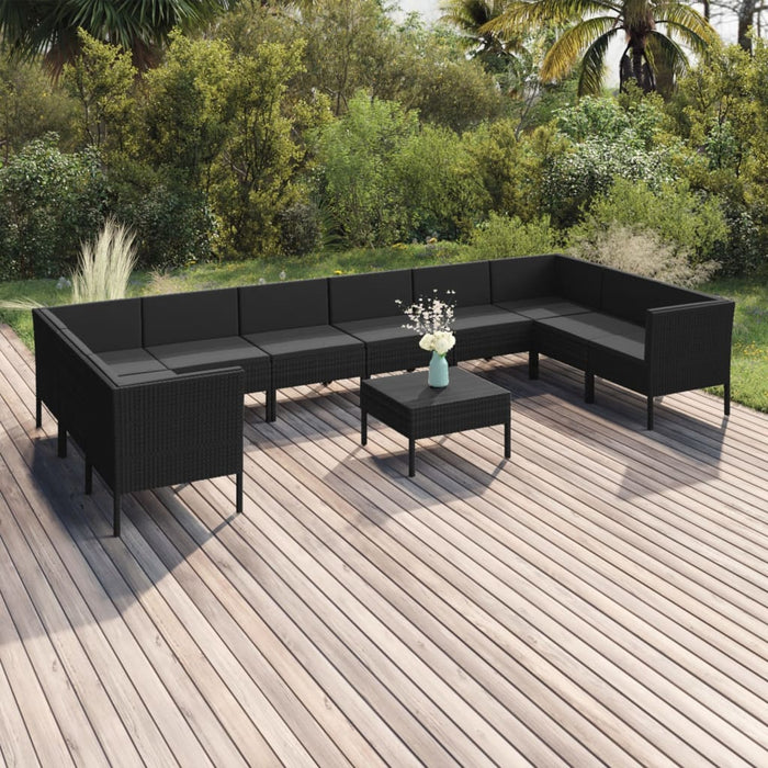 11-tlg. Garten-Lounge-Set mit Auflagen Poly Rattan Schwarz