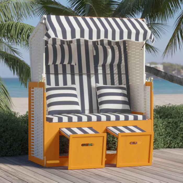 Strandkorb mit Kissen Poly Rattan & Massivholz Weiß & Blau