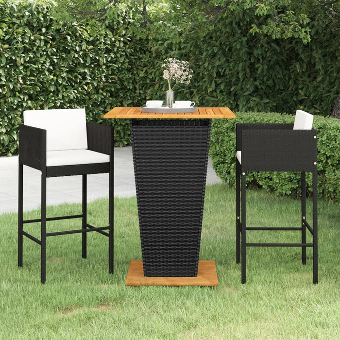 3-tlg. Gartenbar-Set mit Kissen Poly Rattan Schwarz