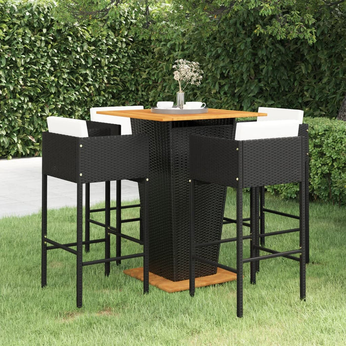 5-tlg. Gartenbar-Set mit Kissen Poly Rattan Schwarz