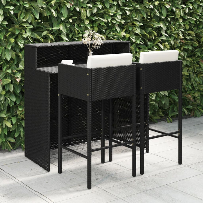 3-tlg. Gartenbar-Set mit Kissen Poly Rattan Schwarz