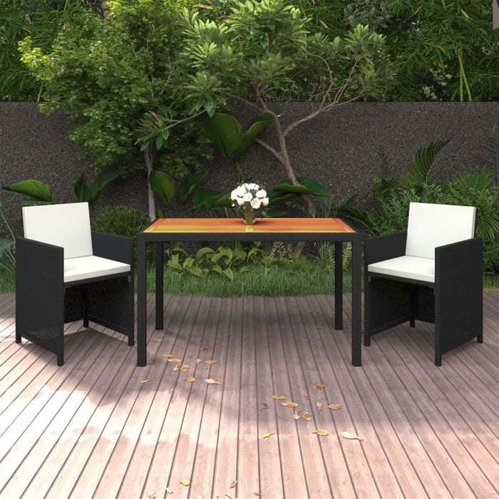 3-tlg. Garten-Essgruppe mit Kissen Poly Rattan Schwarz