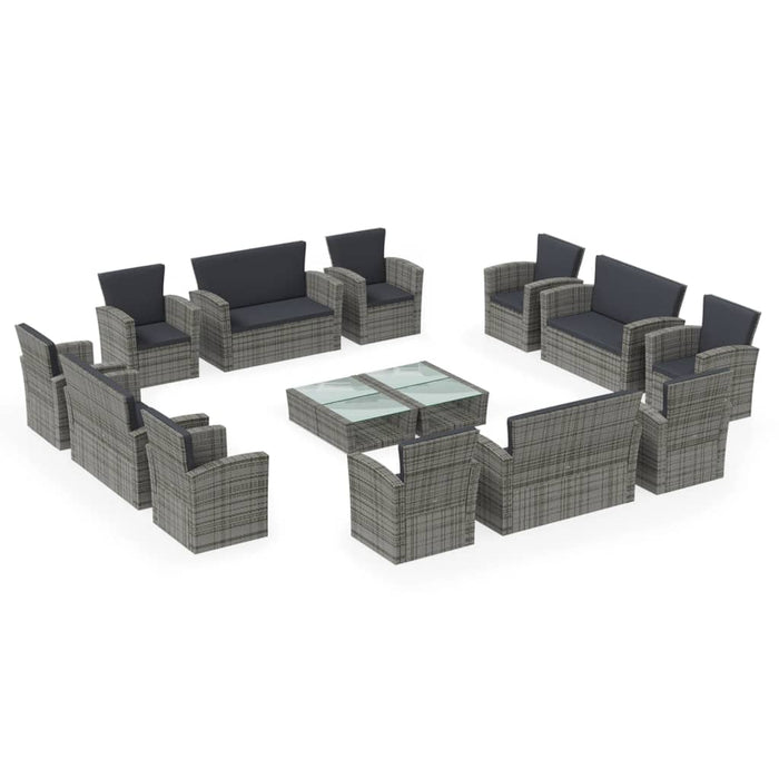 16-tlg. Garten-Lounge-Set mit Auflagen Poly Rattan Grau