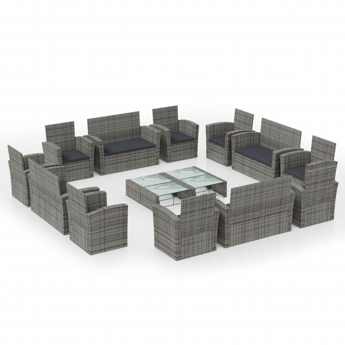 16-tlg. Garten-Lounge-Set mit Auflagen Poly Rattan Grau