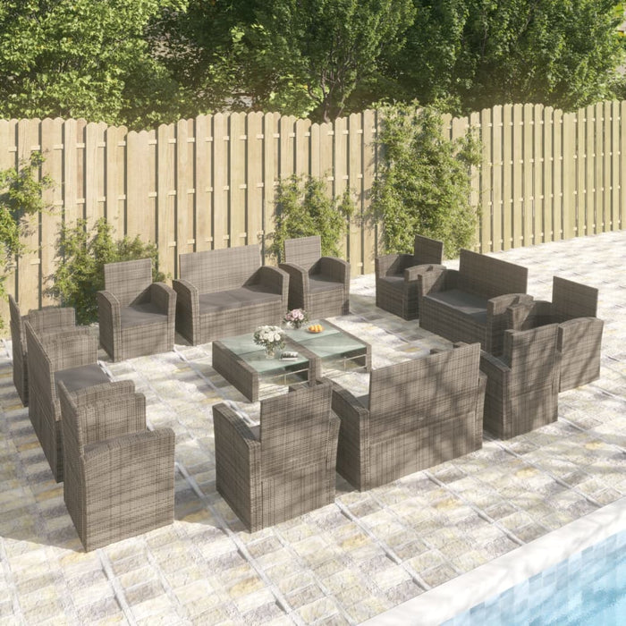 16-tlg. Garten-Lounge-Set mit Auflagen Poly Rattan Grau