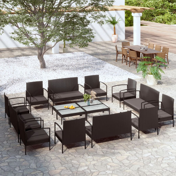 16-tlg. Garten-Lounge-Set mit Auflagen Poly Rattan Schwarz