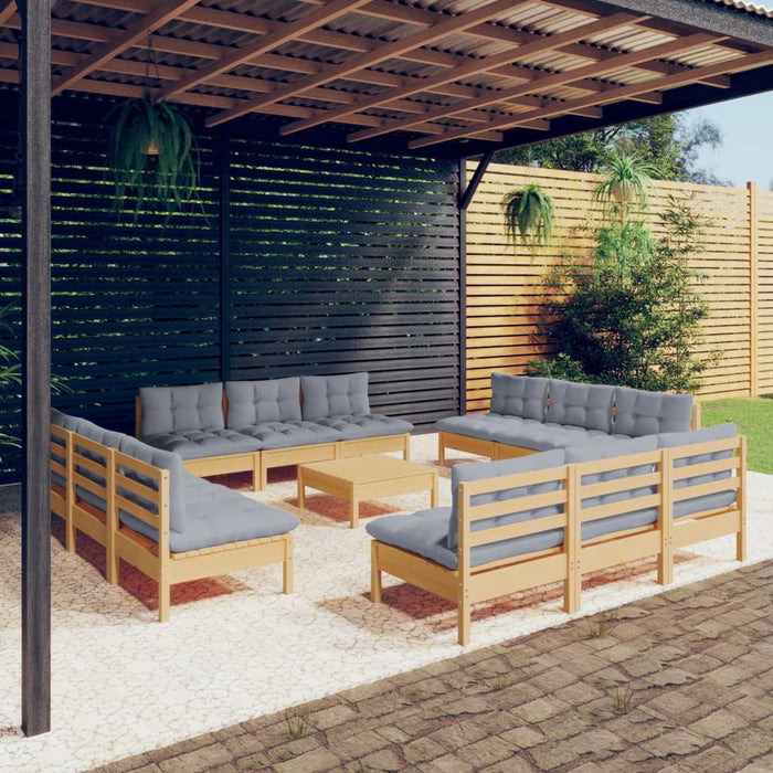 13-tlg. Garten-Lounge-Set mit Grauen Kissen Kiefernholz